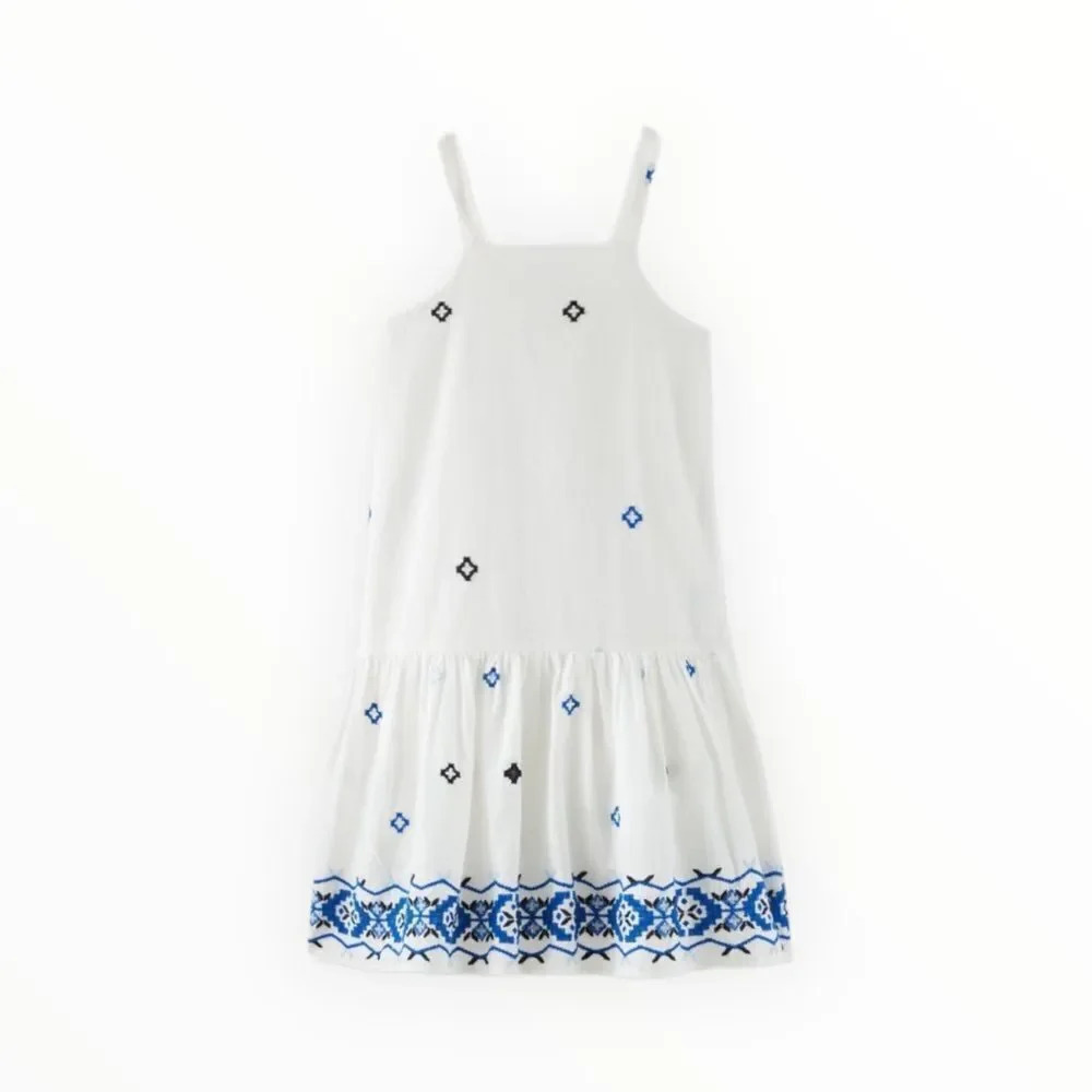 ZARA Kids | White & Blue | EMBROIDERED TRIM DRESS - Picture 2 of 6